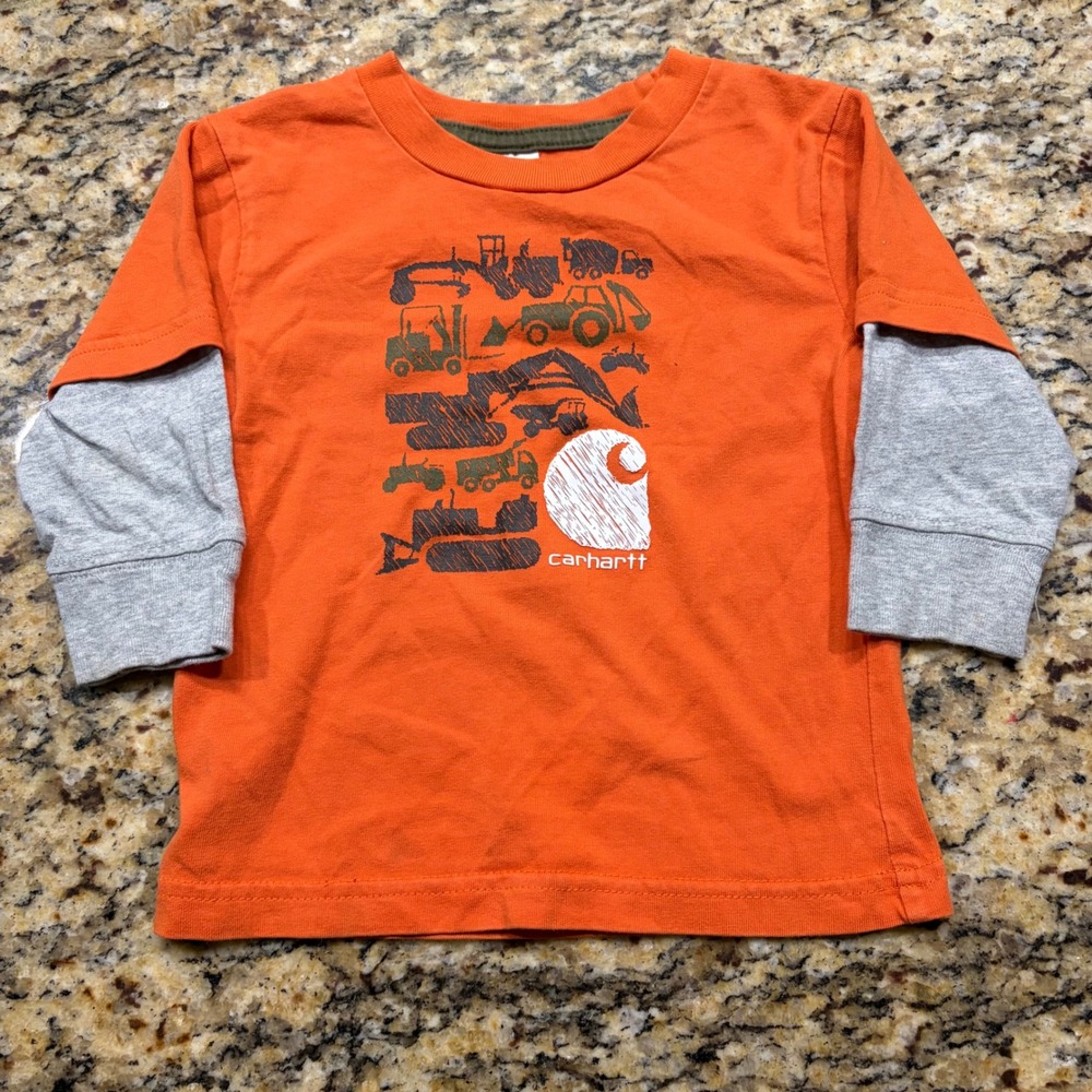Carhartt Boys 12M Orange Construction Truck Graphic Long Sleeve Layered Tee ws